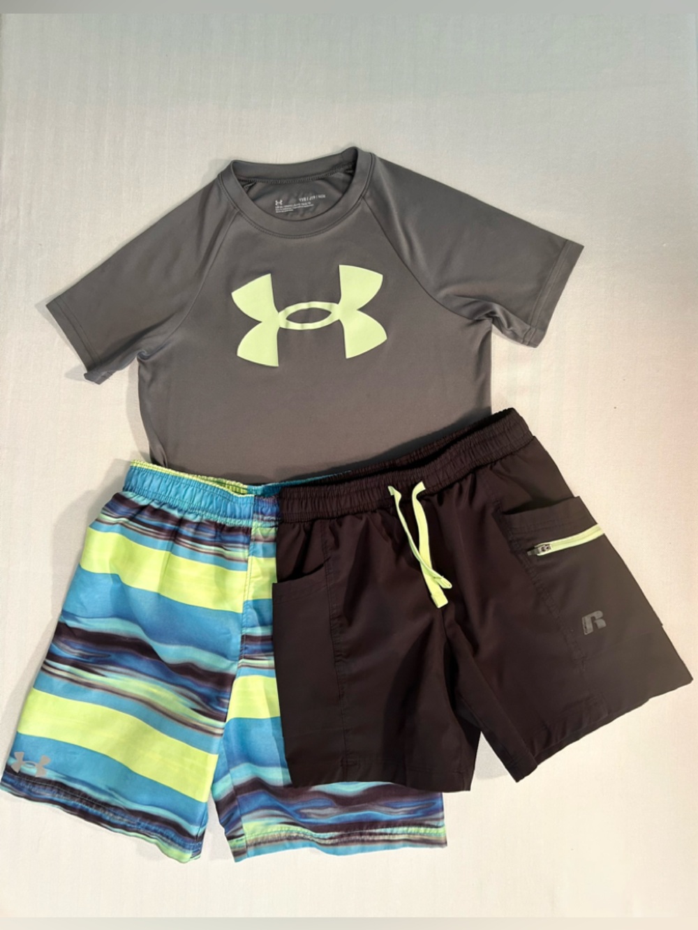 Under Armour Boys 3 Piece Bundle with Multi Stripe Swim Trunks, Tee and Shorts